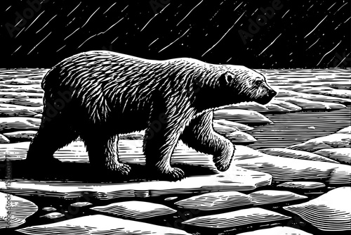 polar bear walking across cracked Arctic ice in a vast white landscape black and white sketch vector