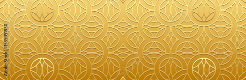 Banner, cover, wallpaper. Geometric ethnic gold pattern on gold background, embossing. 3D tribal ornaments, arabesques, mandala, fresco, painting of the East, Asia, India, Mexico, Aztec, Peru.