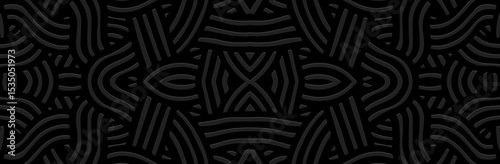 Banner, cover design, wallpaper. Geometric ethnic abstract pattern on black background, embossing. 3D relief ornaments, arabesques, mandala, fresco, painting of the East, Asia, India, Mexico, Aztec.