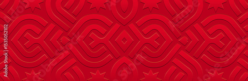 Banner, cover design, wallpaper. Geometric ethnic original  pattern on a red background. Embossed 3D ornaments, arabesques, mandala, fresco, painting of the East, Asia, India, Mexico, Aztec, Peru. 