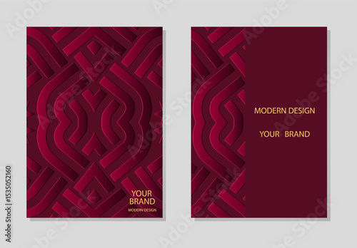 Set of covers, vertical templates, boho. Collection of geometric burgundy backgrounds with ethnic patterns. Mandala, arabesques, logo. Relief 3D ornaments of the East, Asia, India, Mexico, Aztec, Peru