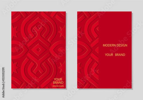 Set of covers, vertical templates, boho. Collection of geometric red backgrounds with ethnic patterns. Mandala, arabesques, logo. Embossed 3D ornaments of the East, Asia, India, Mexico, Aztec, Peru.