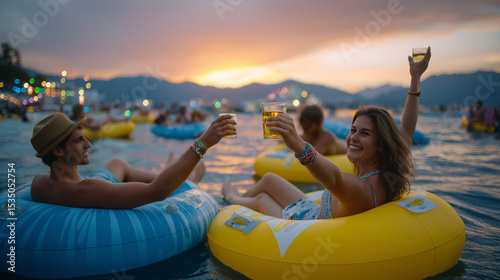 Friends relaxing in inflatable loungers during sunset
