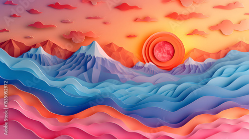 Fototapeta Naklejka Na Ścianę i Meble -  Papercut landscape with mountains, stylized waves, and a layered sun at sunset