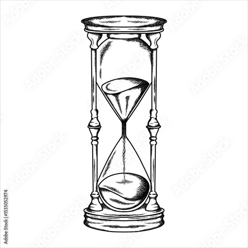 hour glass illustration hand draw style in vintage engraved sketch outline style.
