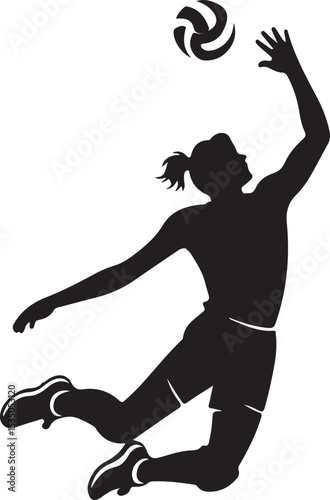 Dynamic female volleyball player spiking ball, black silhouette sport illustration