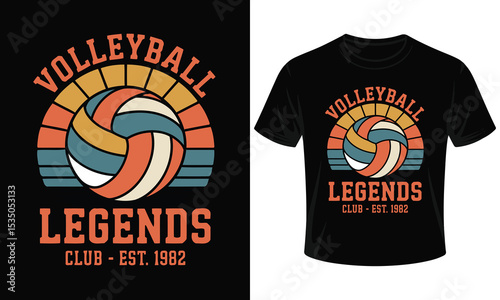Retro vintage volleyball T-shirt design vector featuring a 70s-style volleyball with sunburst background and worn texture effect