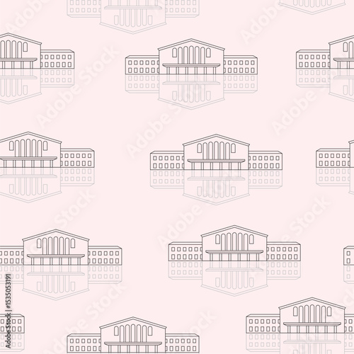 Seamless vector pattern with black linear buildings on light pink background. Buildings with reflection or shadows.
