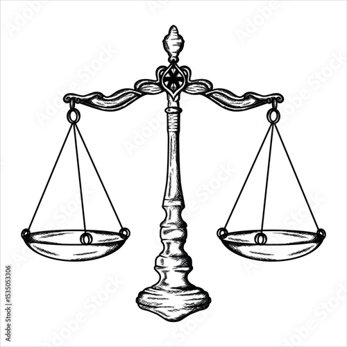 the scales of justice illustration hand draw style in vintage engraved sketch outline style.