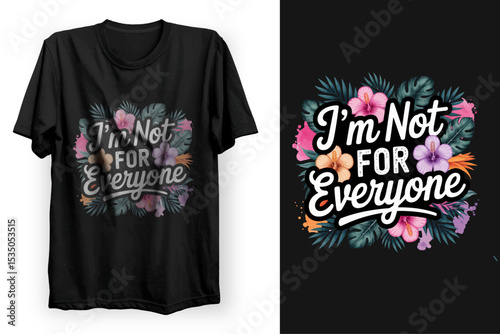 T-shirt design concept for apparel advertisement, featuring a blank black cotton tee with a casual front print