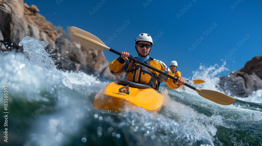 Fototapeta premium Kayakers navigating a narrow gorge with focus and teamwork