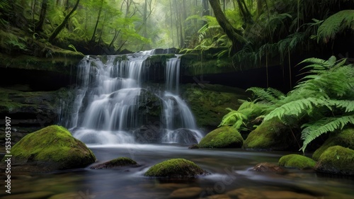 Misty waterfall cascading through a lush green forest
