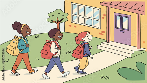 Cartoon illustration of three cheerful students walking to school with backpacks on a sunny day near building