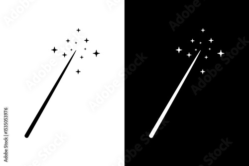 Magic wand icon set isolated on black and white background. Star shape magic accessory. Magical power.Vector illustration design.