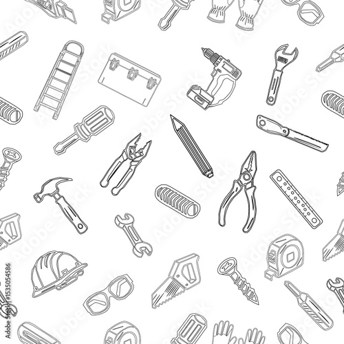 Seamless pattern of workshop tools. Repair tools background. Seamless pattern of repair tools. seamless carpenter's tools pattern. Seamless Pattern of Hand-Drawn Power Tools. 