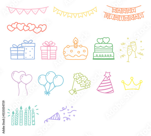 Happy Birthday Line Art Icons Set - Pastel Colored Party Elements Hand Drawn Illustration Collection. Vector design elements.