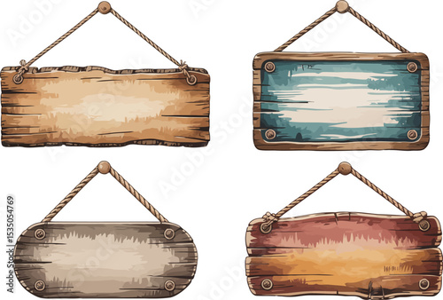 Four different wooden signs, some with ropes for hanging, are depicted with various textures and colors. 