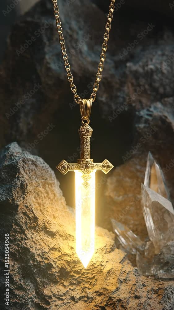 Glowing Crystal Sword Pendant with Ornate Gold Cross – Fantasy Relic in Cave
