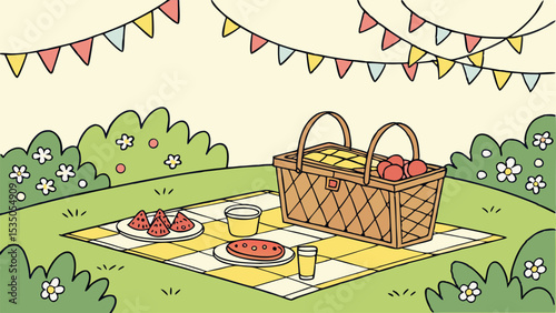 A picnic scene with a basket, food, and drinks on a checkered blanket under a string of colorful flags