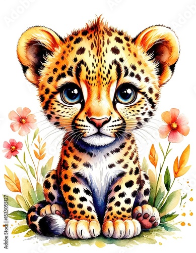 cute leopard watercolor illustration card.
