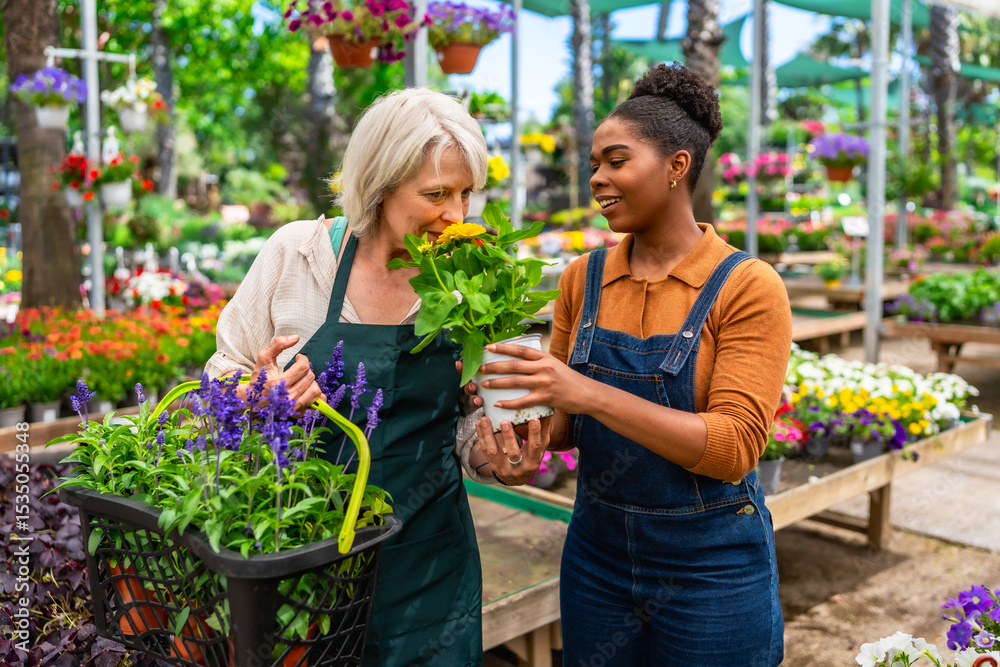 Obraz premium Gardener showing flower to customer in plant nursery greenhouse