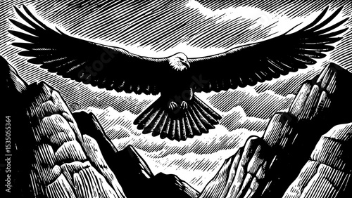 eagle soaring high above rocky cliffs with wings fully spread black and white sketch vector