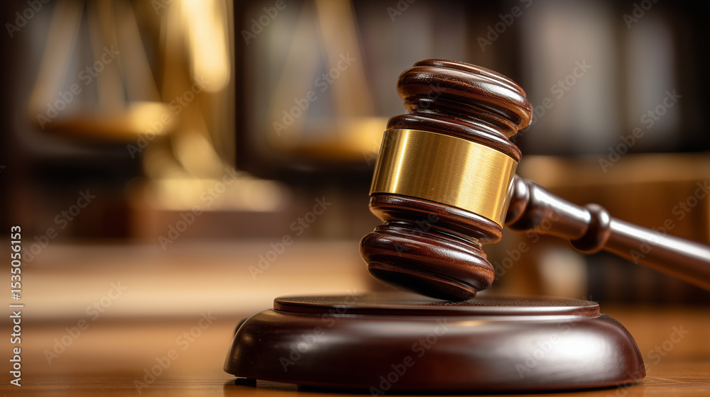 Wooden Gavel with Gold Band on Court Desk in Legal Office Wooden Gavel with Gold Band on Court Desk in Legal Office