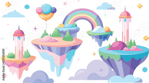 Fantasy Floating Islands with Waterfalls, Rainbow, and Cartoon Landscape – Colorful Imaginative Background Illustration