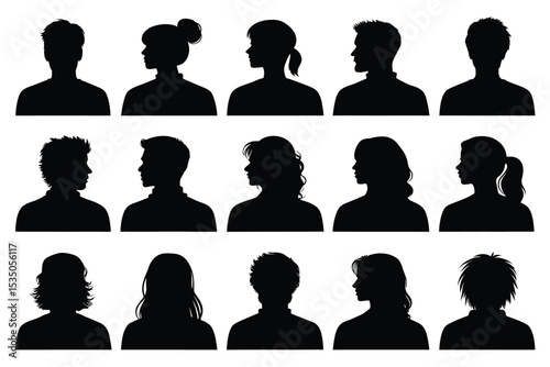 Diverse Silhouette Portraits Assortment of Varied Hairstyles and Profiles Representing a Range of Individuals in Simple Black Shapes