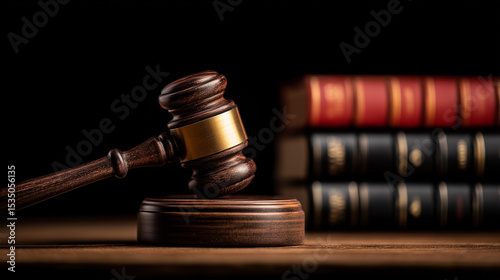 Legal Gavel with Wooden Base and Law Books in Courtroom Setting