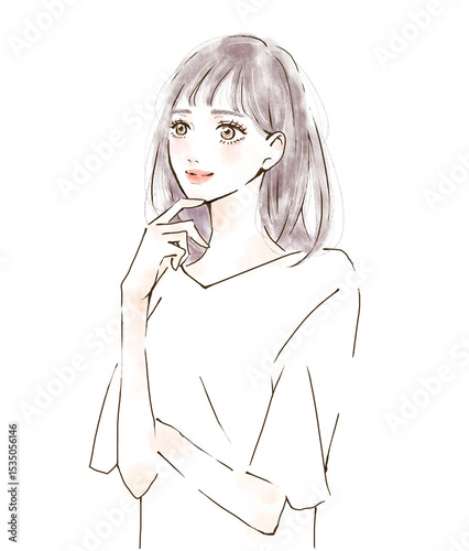 顎に手を当てる女性のイラスト　美容