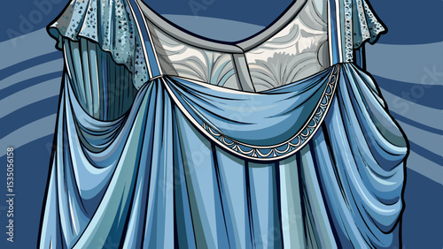 Flowy sleeveless nightdress in dusty blue with lace neckline and subtle pleats captured in close-up. Perfect for elegant, minimalist vector scenes showing comfort and femininity.