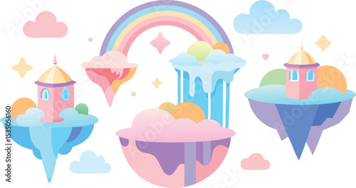Fantasy Floating Islands with Waterfalls, Rainbow, and Cartoon Landscape – Colorful Imaginative Background Illustration