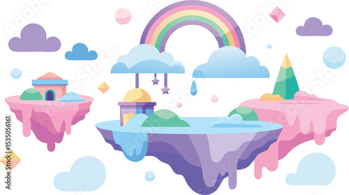 Fantasy Floating Islands with Waterfalls, Rainbow, and Cartoon Landscape – Colorful Imaginative Background Illustration