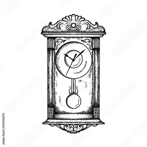 pendulum wall clock illustration hand draw style in vintage engraved sketch outline style.