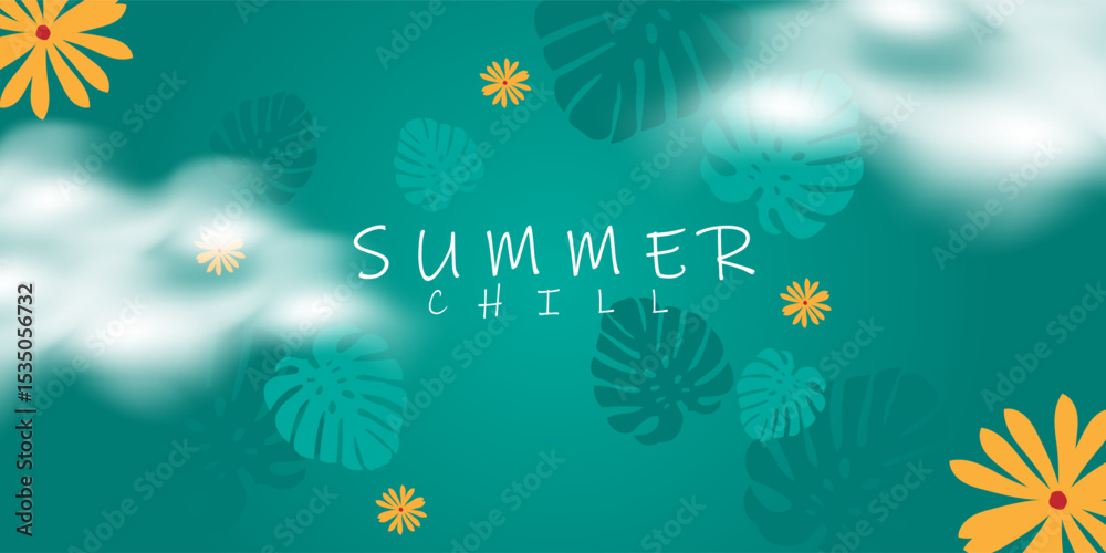Obraz premium Tropical Summer Chill Background with Monstera Leaves and Flowers