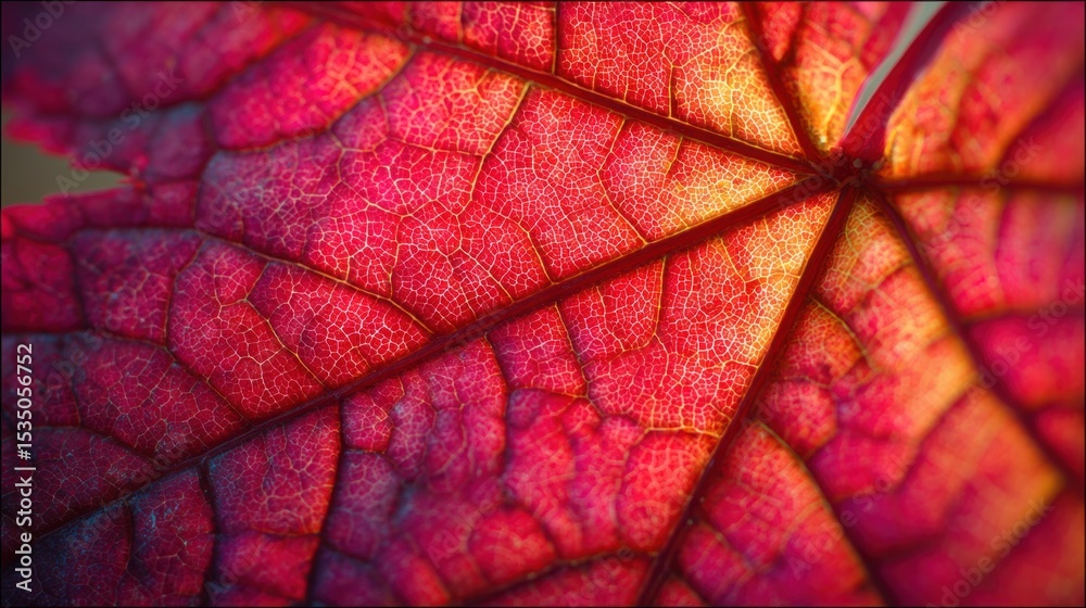 Fototapeta premium Crimson Veins: A close-up shot of a vibrant, red maple leaf, showcasing the intricate network of veins and the rich textures of autumn.