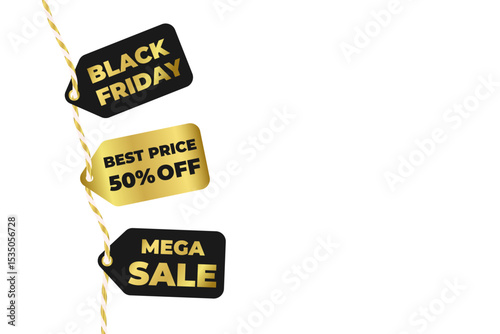 Black Friday, Christmas, New Year realistic tag with bow and ribbon. Gold, black background Mega Sale 50% off, Half price with cotton golden rope baker twine. Isolated vector on transparent EPS10