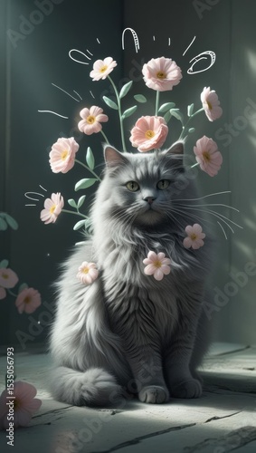 A serene cat with flowers growing from its back, featuring a pastel palette and whimsical doodle rays.