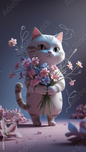 A whimsical cat with a bouquet of pastel flowers and scent lines in a playful doodle style.