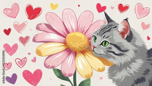 A whimsical cat illustration with a giant pastel daisy and hearts, perfect for playful designs and decor.