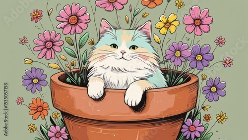 A cute pastel cat in a flower pot with whimsical petals surrounding it, perfect for playful and vibrant designs.