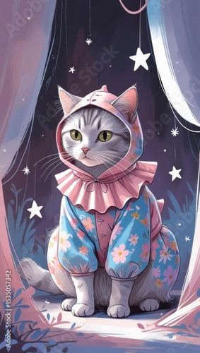 A whimsical illustration of a cat dressed as a flower, surrounded by playful stars in pastel colors.