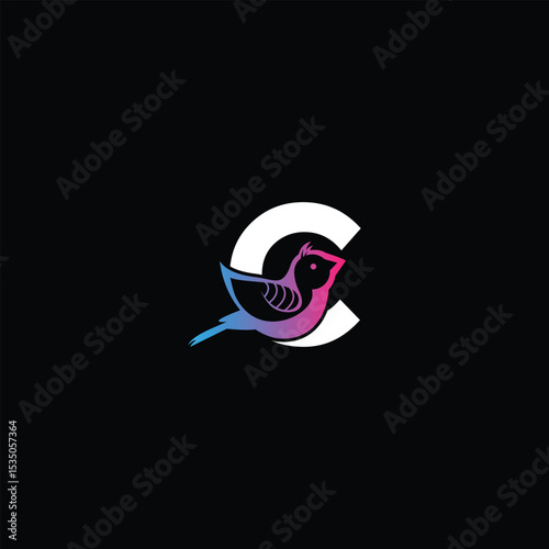 Stylish Letter C and Bird Logo Design, Gradient Effect, Minimalist Concept