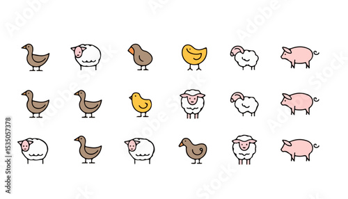 A collection of farm animal icons arranged in rows on a white background featuring ducks sheep chicks and pigs farm, animal, icon, grid, pattern, white, background, diversity, goose, chicken, sheep, p