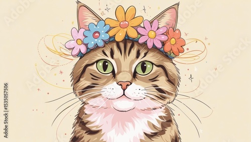 A whimsical cat with a flower crown and sparkles, perfect for a lighthearted and playful design.