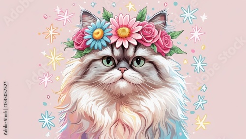 A cute pastel cat adorned with a flower crown and surrounded by sparkles in a whimsical doodle style.