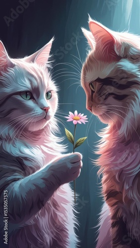 A shy cat presents a flower to another feline, illustrated in pastel tones with cute doodle-style blushes.