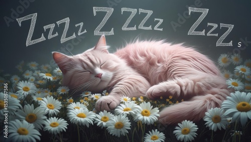 A sleepy pastel cat resting on daisies with whimsical Zzzs floating around it.