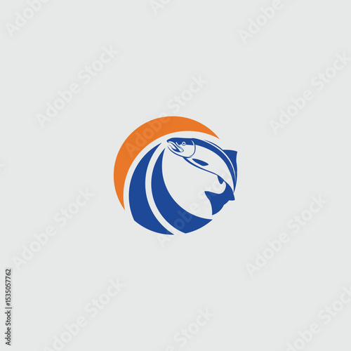 Stylized fishing emblem with graphic fish design and flowing blue lines
